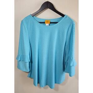 Ruby Rd Women’s Large Teal Textured Blouse Ruffle Sleeve Lightweight Top Casual